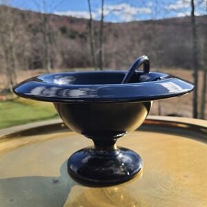 Vintage Depression Ebony Black Glass Footed Pedestal Bowl and Serving Spoon